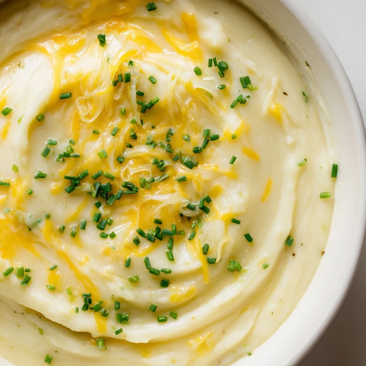 Creamy Irish Potato Leek Soup with Cheddar is ladled from a pot into a rustic bowl, topped with fresh chives.
