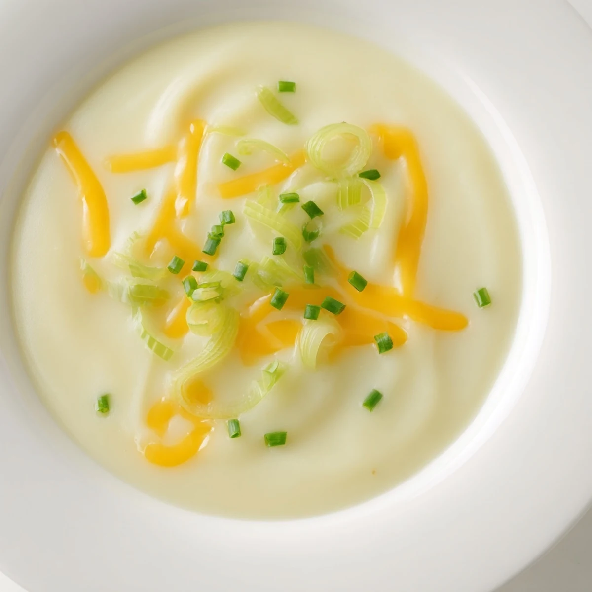 A close-up of Irish Potato Leek Soup with Cheddar shows smooth texture, melted cheese, and a slice of soda bread on the side.