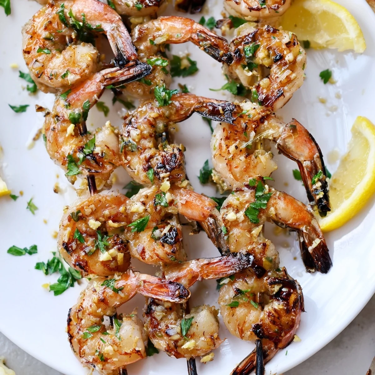 Grilled Lemon Garlic Shrimp Skewers on a platter with fresh parsley and lemon wedges.