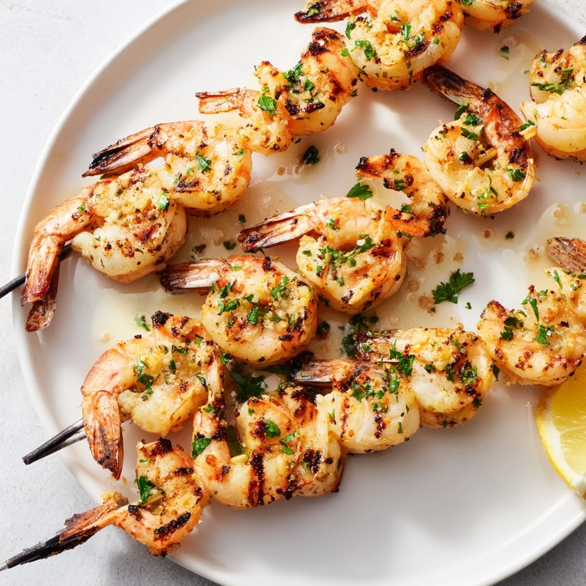 Juicy Lemon Garlic Shrimp Skewers served over fluffy white rice with extra lemon.