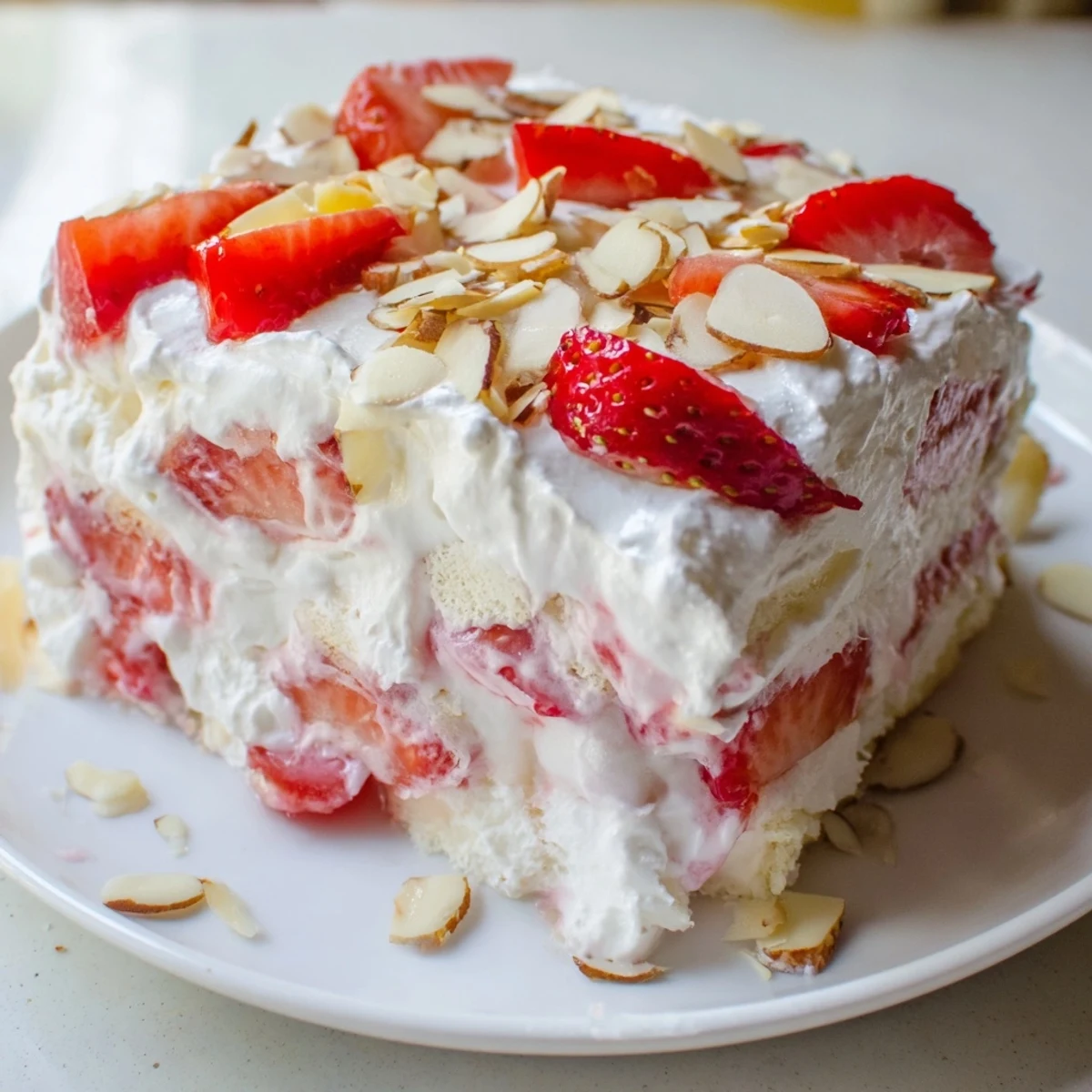 Perfect summer dessert, Heaven on Earth Cake topped with whipped cream and sliced almonds, ready to serve.