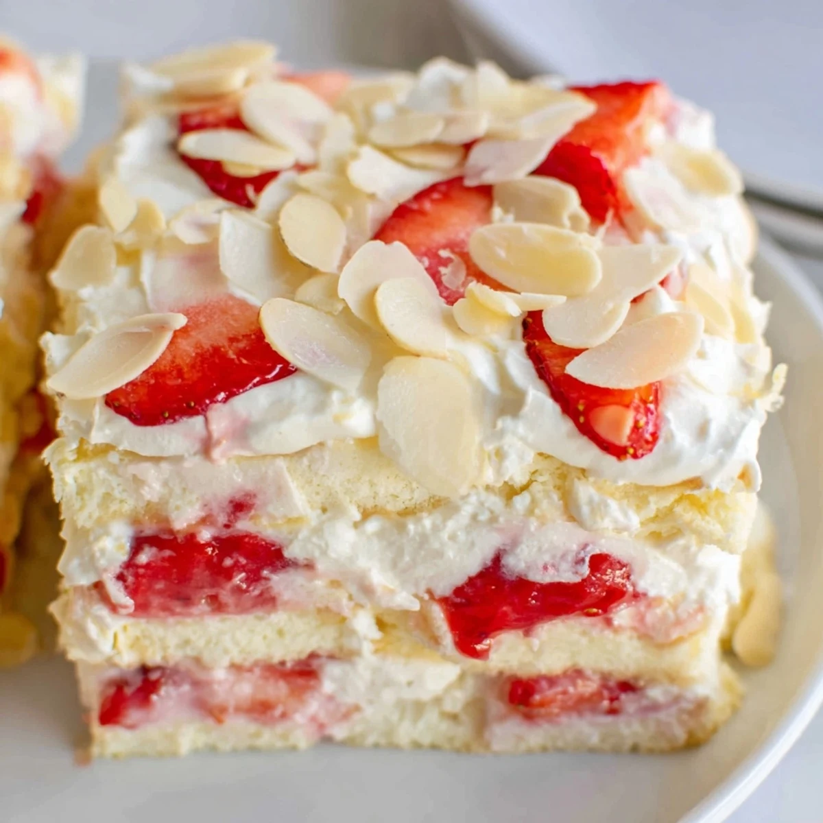 In a glass trifle dish, chilled Heaven on Earth Cake reveals visible layers of sweet strawberry pie filling.