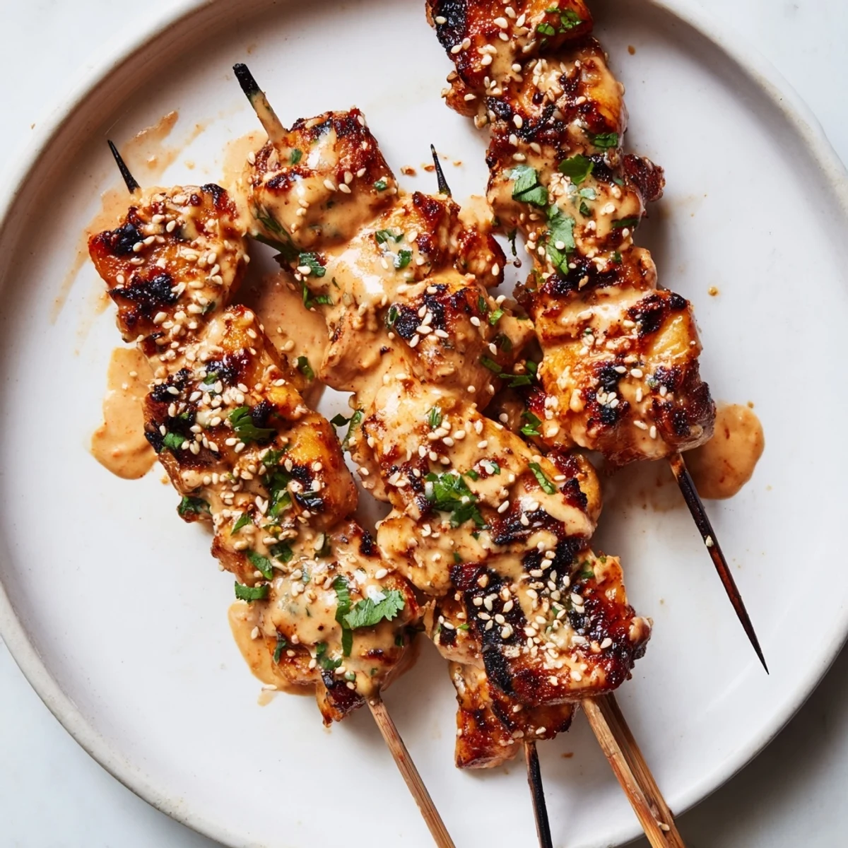 Juicy grilled Bang Bang Chicken Skewers glistening with creamy, spicy-sweet sauce, garnished with fresh cilantro and sesame seeds.