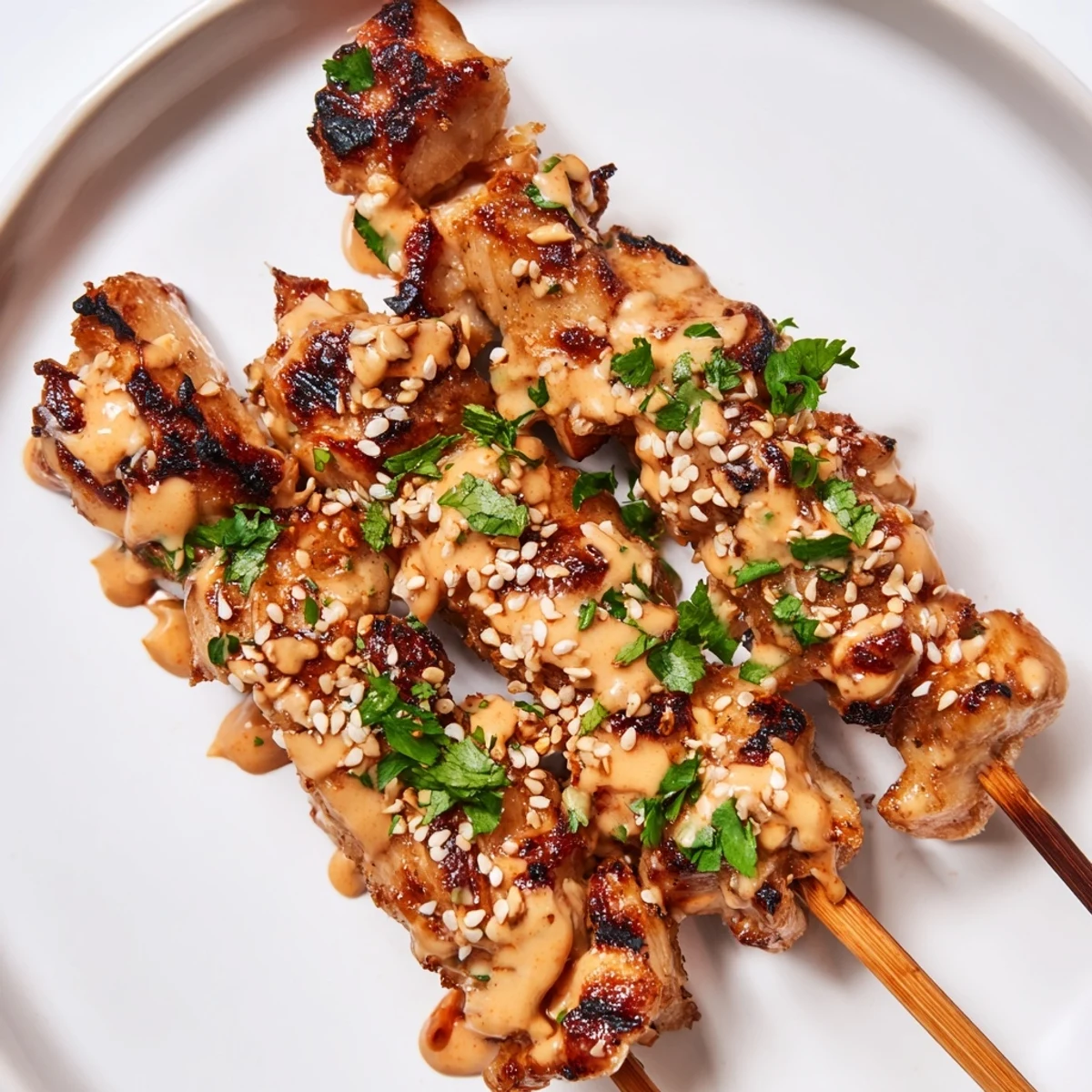 Close-up of golden-brown Bang Bang Chicken Skewers drizzled with vibrant sauce, served alongside lime wedges on a rustic plate.