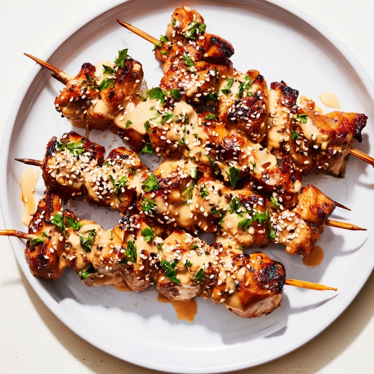 Sizzling Bang Bang Chicken Skewers fresh off the grill, smoky char marks visible, with herbs and sesame seed topping.