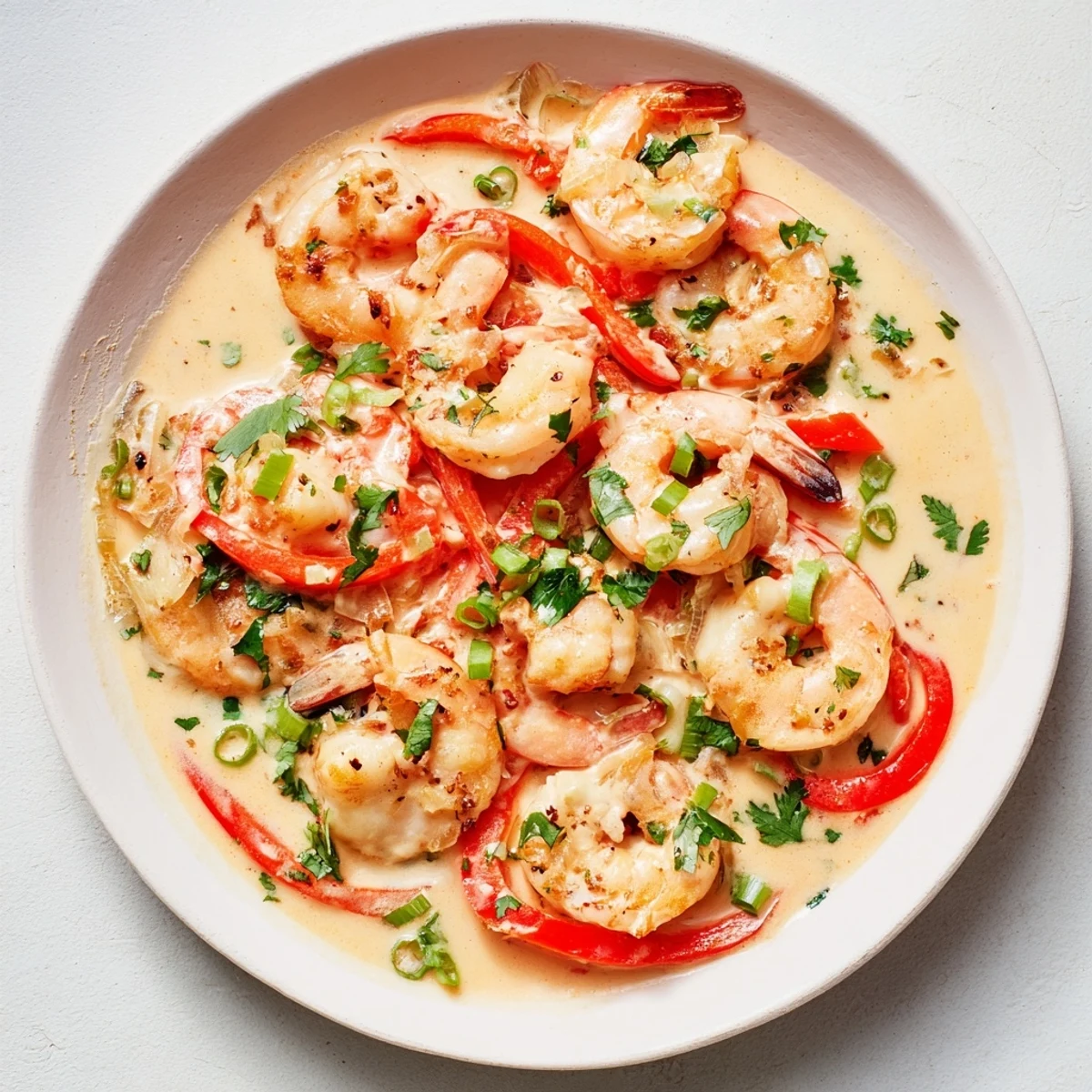Garlic shrimp in coconut milk served over jasmine rice with red bell pepper and cilantro garnish on a plate.