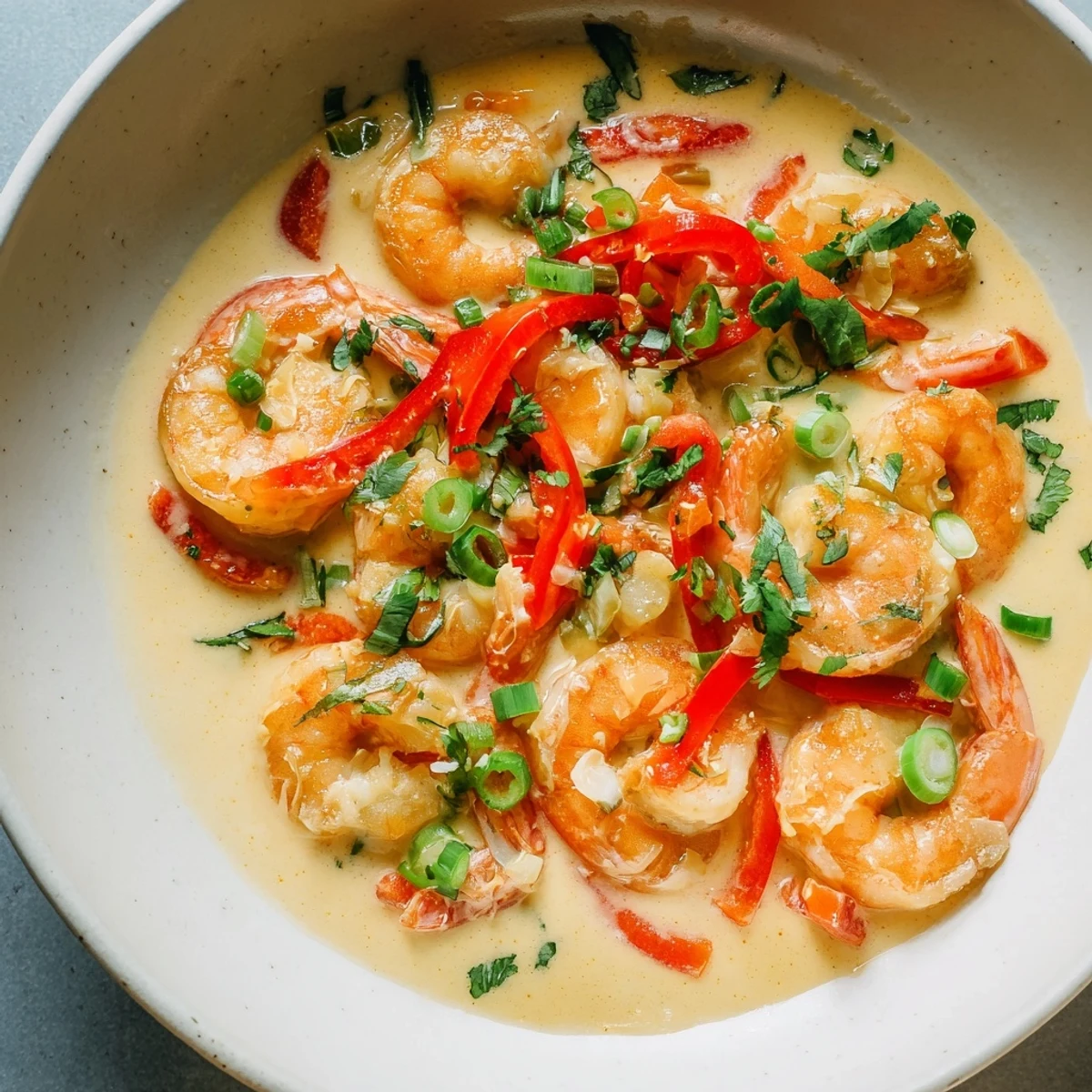 Aromatic garlic shrimp in coconut milk with shrimp coated in a rich sauce and slices of green onion on top.