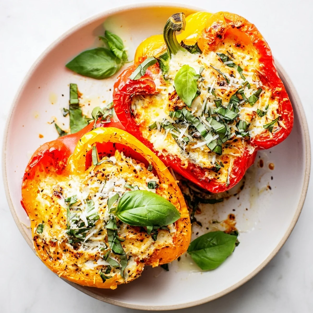 Golden baked bell pepper halves stuffed with creamy ricotta mixture, topped with melted mozzarella and fresh basil garnish. 