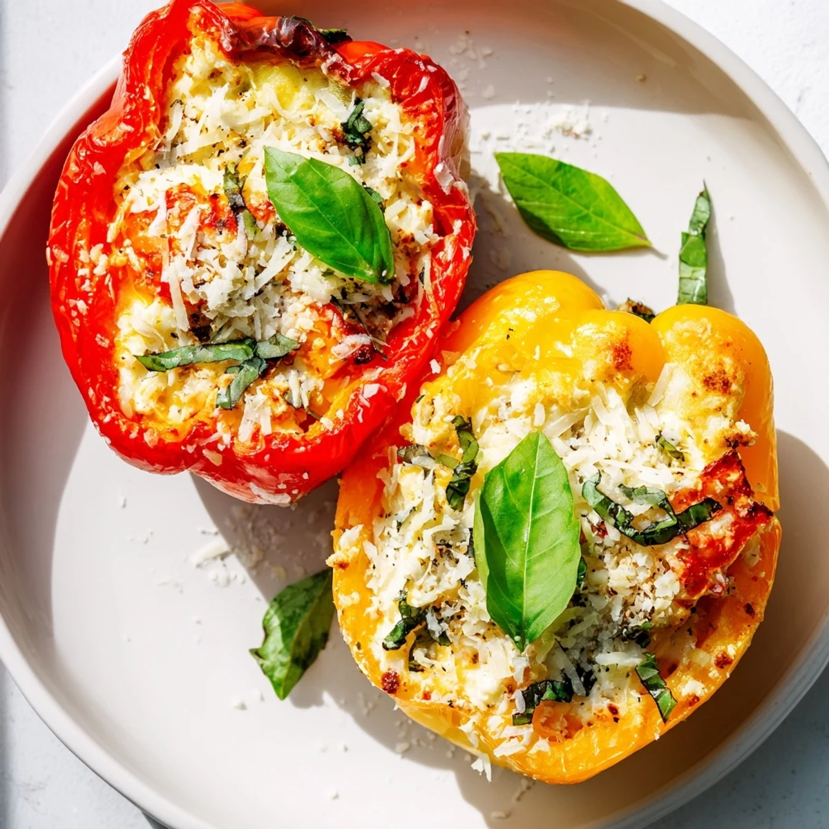 Ricotta Stuffed Peppers with bubbly golden cheese topping, garnished with parsley and a drizzle of olive oil.