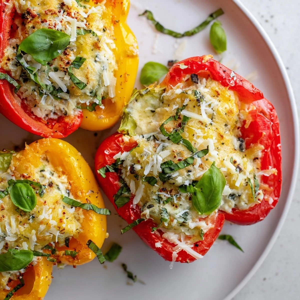 Brightly colored roasted peppers filled with herbed ricotta and Parmesan, served warm from the oven on a rustic dish. 