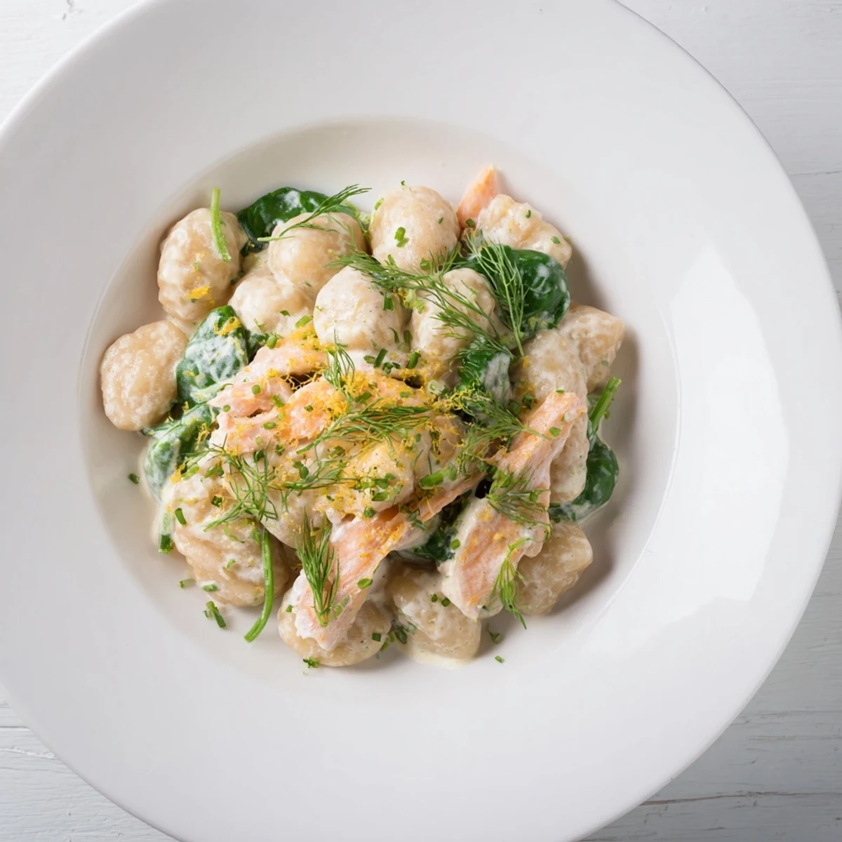 A close-up of Healthy Smoked Salmon Gnocchi featuring silky salmon and wilted baby spinach. 