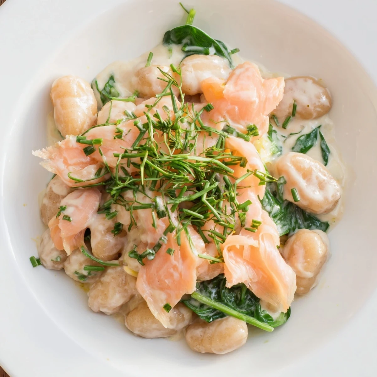 Healthy Smoked Salmon Gnocchi on a plate with a fork, garnished with chives and zest.