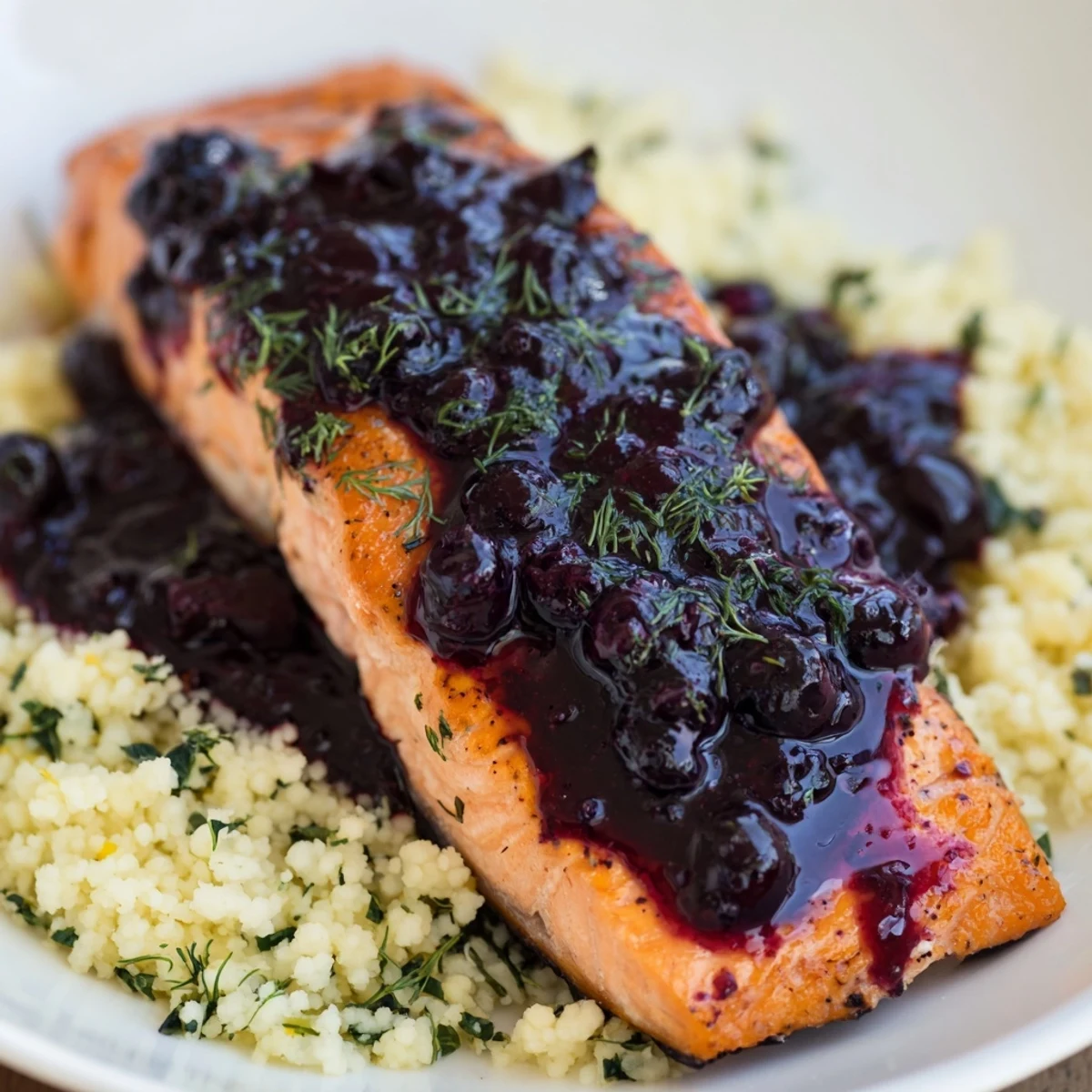 Golden-brown salmon fillets coated in a vibrant blueberry glaze, served atop a fluffy bed of lemon herb couscous.