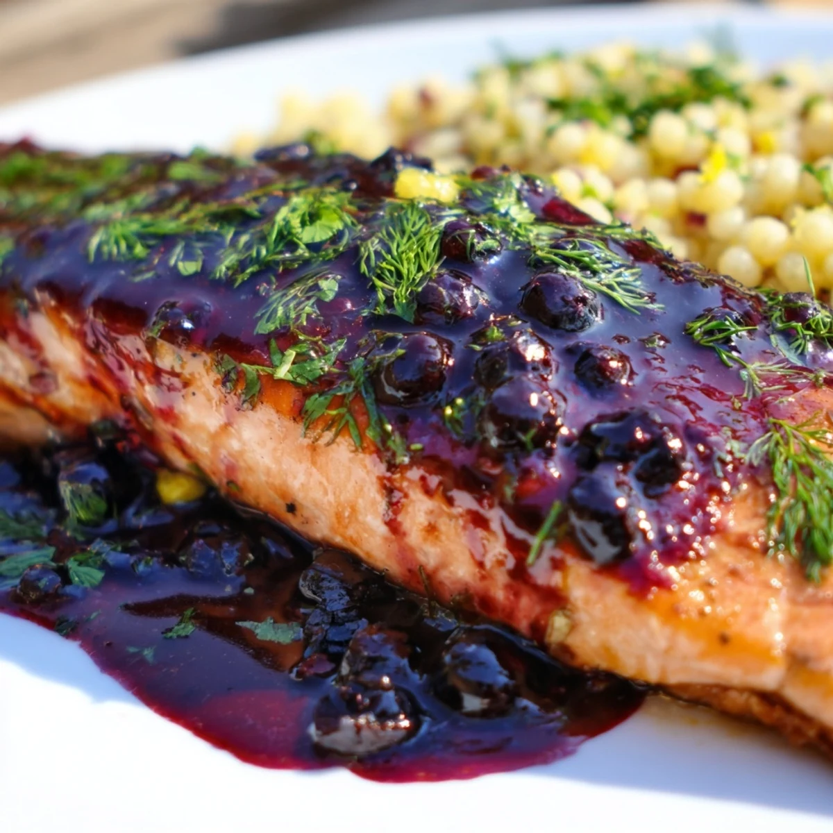 Plated Blueberry Glazed Salmon with Lemon Herb Couscous, ready to serve with a garnish of dill and lemon wedges.