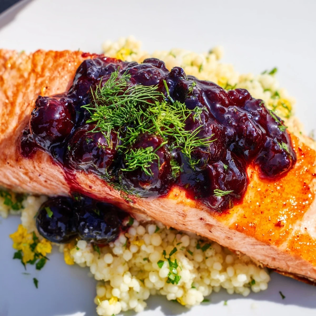 A close-up of glazed Blueberry Glazed Salmon with Lemon Herb Couscous, highlighting the juicy berry reduction and fresh herbs.