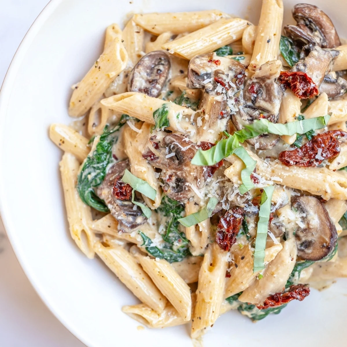 Creamy Tuscan Mushroom Pasta Skillet garnished with fresh basil, served beside crusty Italian bread.