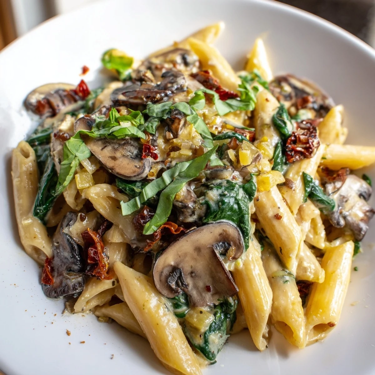 Creamy Tuscan Mushroom Pasta Skillet in a hot skillet with creamy sauce and sun-dried tomatoes.