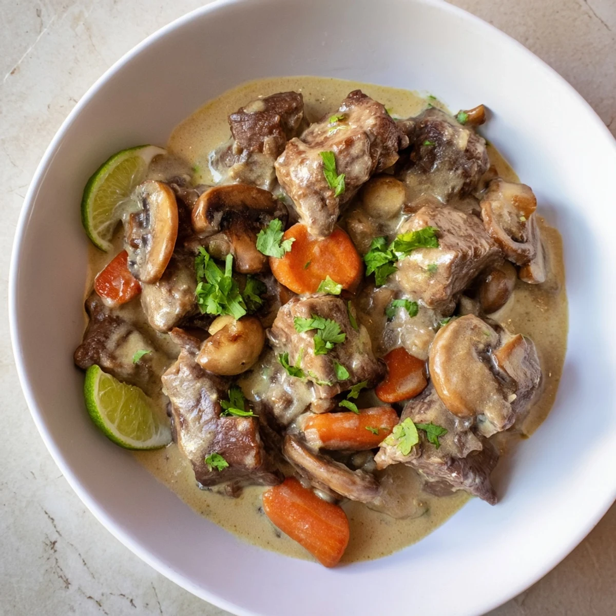 Tender beef cubes, carrots, and earthy mushrooms in a rich lemongrass coconut braised beef sauce, served in a rustic bowl with lime wedges.