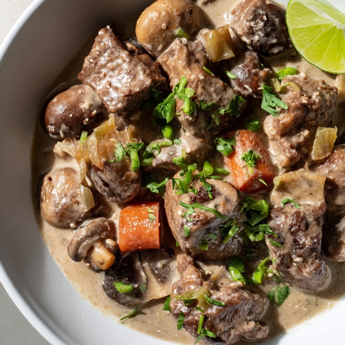 Fragrant lemongrass coconut braised beef with mushrooms simmering in a creamy sauce, garnished with cilantro and scallions for a Southeast Asian-inspired main dish.