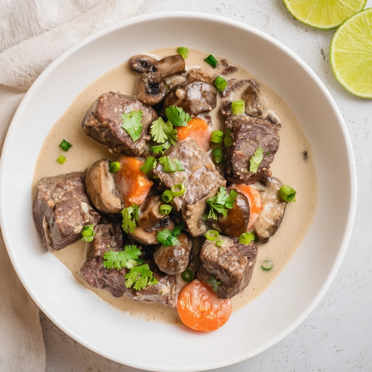 Hearty lemongrass coconut braised beef with mushrooms beside fluffy jasmine rice, highlighting a gluten-free, dairy-free main dish perfect for a cozy dinner.