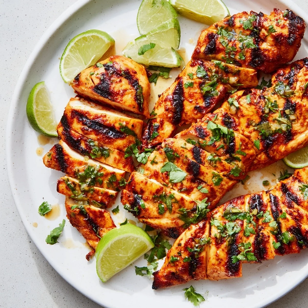 Grilled Spicy Honey Lime Chicken breasts with visible grill marks and fresh cilantro garnish.