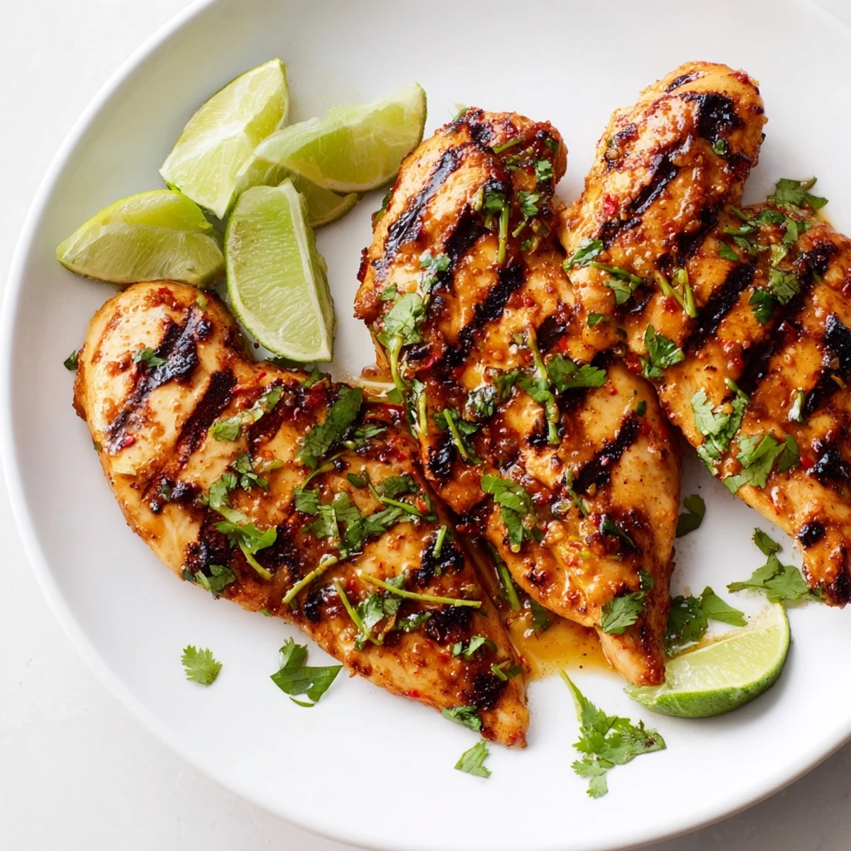 Sliced juicy Spicy Honey Lime Chicken served with lime wedges on a rustic wooden board.