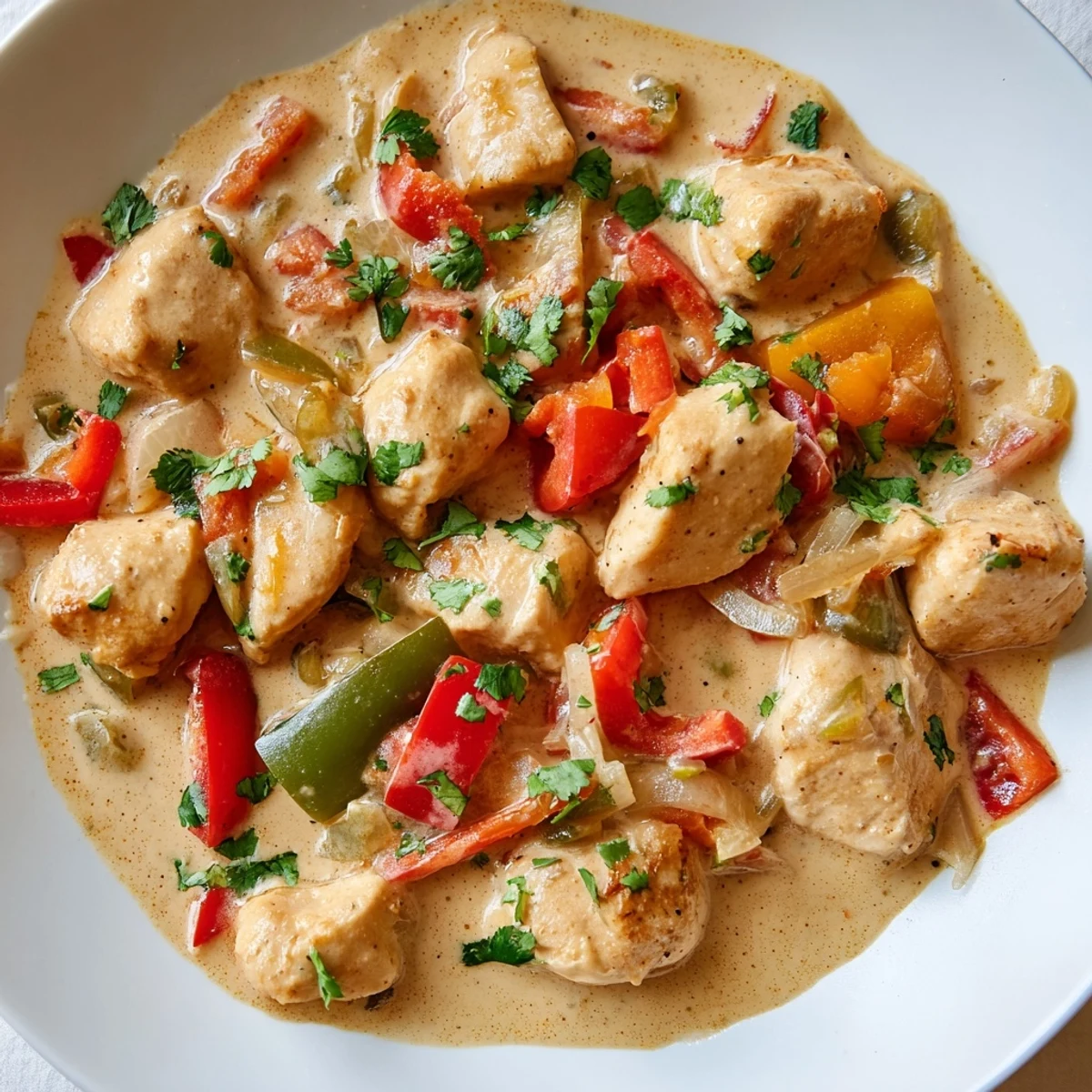 Creamy Brazilian Coconut Chicken simmering in a coconut milk sauce with tender chicken pieces and chopped cilantro garnish.
