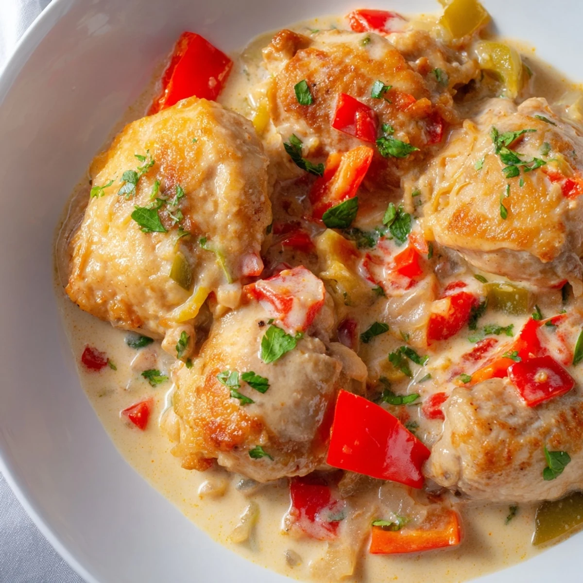 Tender Brazilian Coconut Chicken pieces served hot over fluffy white rice with lime wedges on the side for brightness.