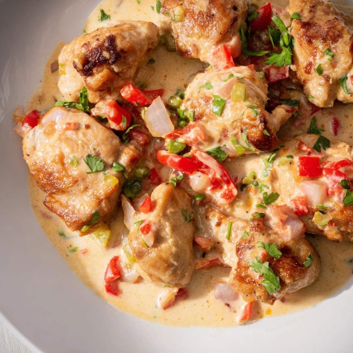 Savory Brazilian Coconut Chicken in a rich, golden sauce with colorful bell peppers and fresh cilantro garnish on a rustic plate.