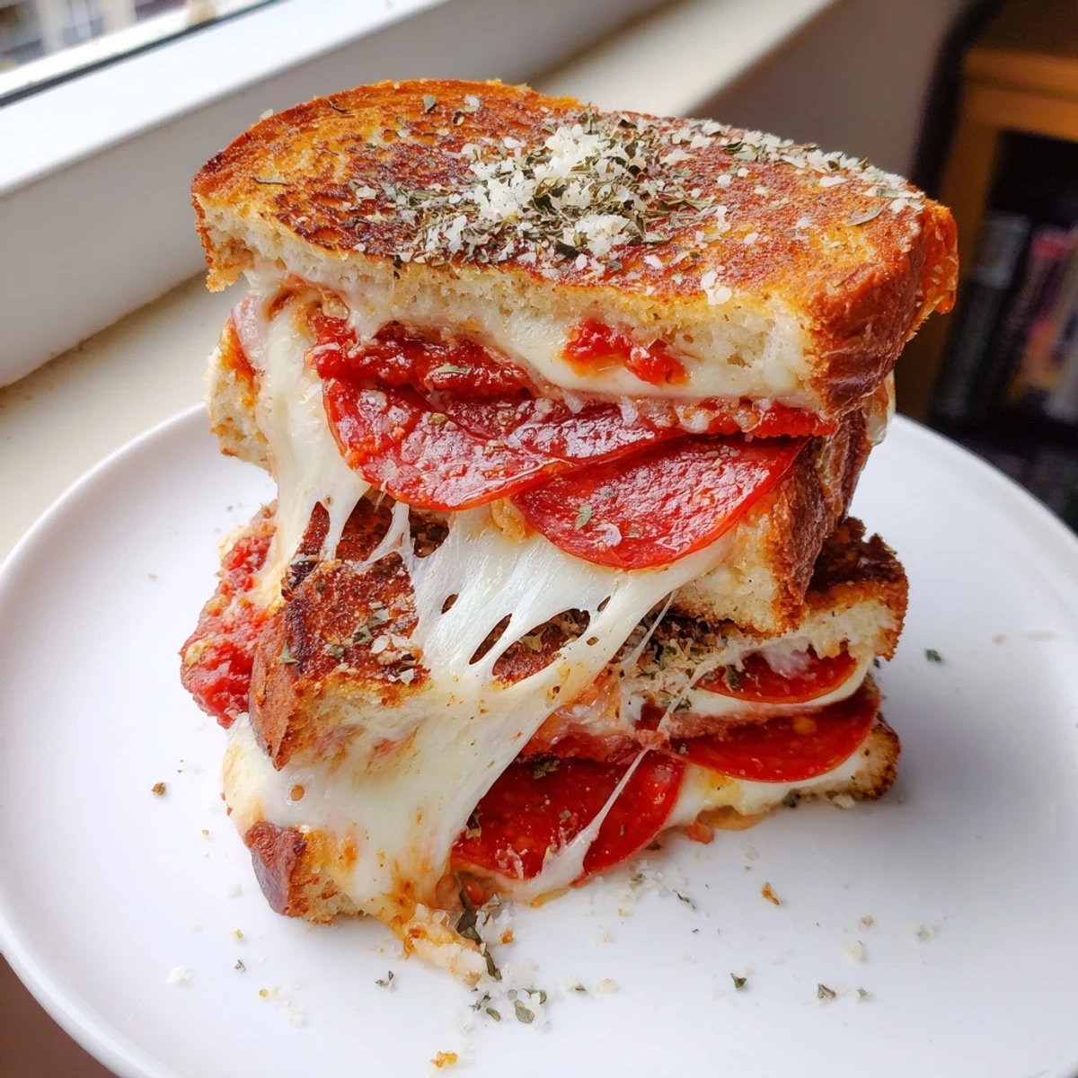 Sizzling Pizza Grilled Cheese cooks in a skillet, showing bubbling marinara and fresh basil garnish.
