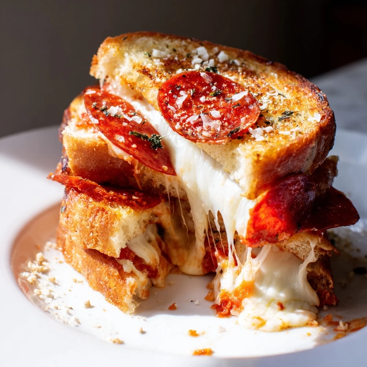 Golden-brown slices of Pizza Grilled Cheese ooze melted mozzarella and savory pepperoni on a rustic plate.