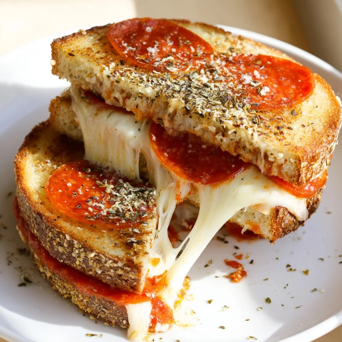Warm Pizza Grilled Cheese halves reveal layers of gooey cheese and tangy tomato sauce for dipping.