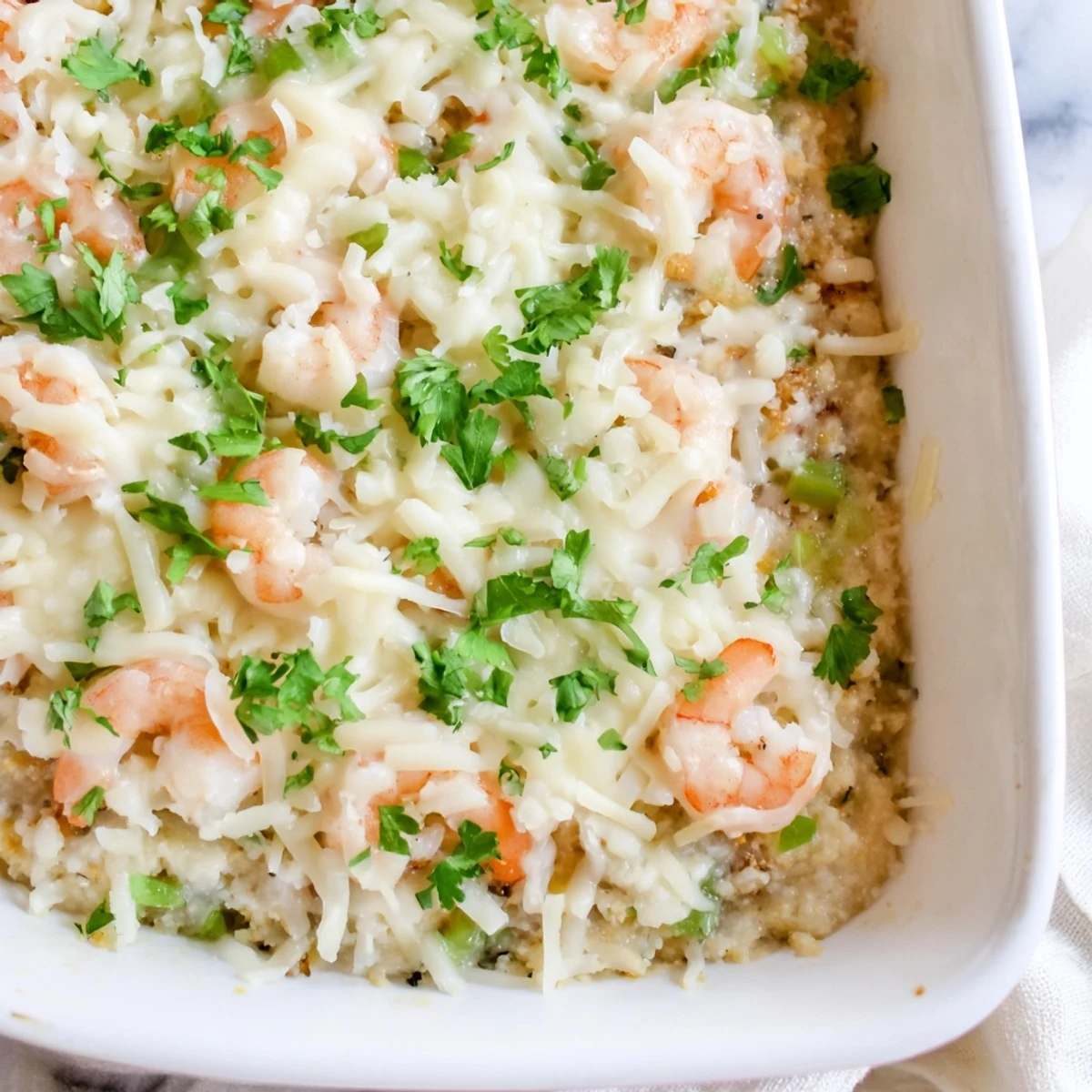 A close-up view of Easy Shrimp & Grits Casserole served on a white plate, garnished with fresh green parsley.