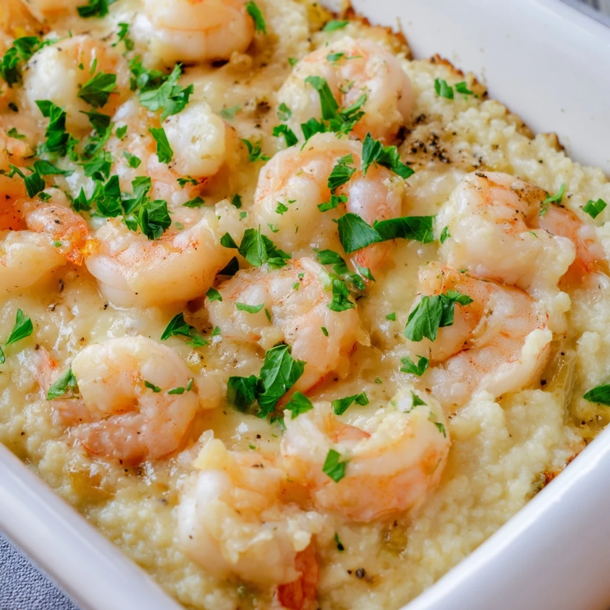 Easy Shrimp & Grits Casserole presented in a baking dish, featuring a savory blend of tender shrimp and cheesy grits.