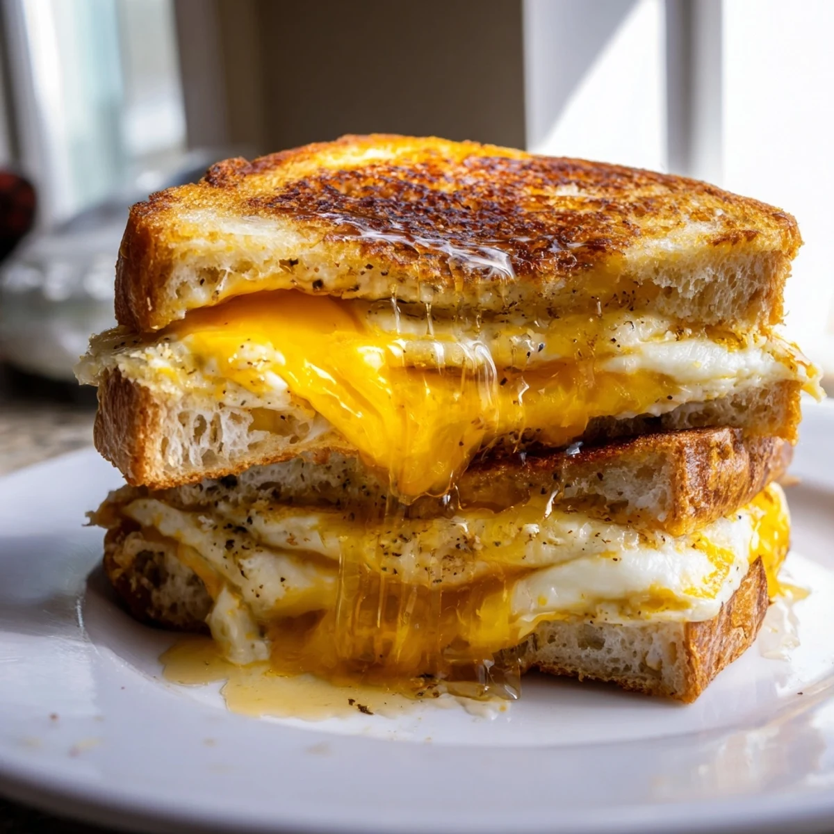 Golden-brown sourdough slices stuffed with melted cheddar, mozzarella, and Gruyère, drizzled with honey on a rustic wooden board. 