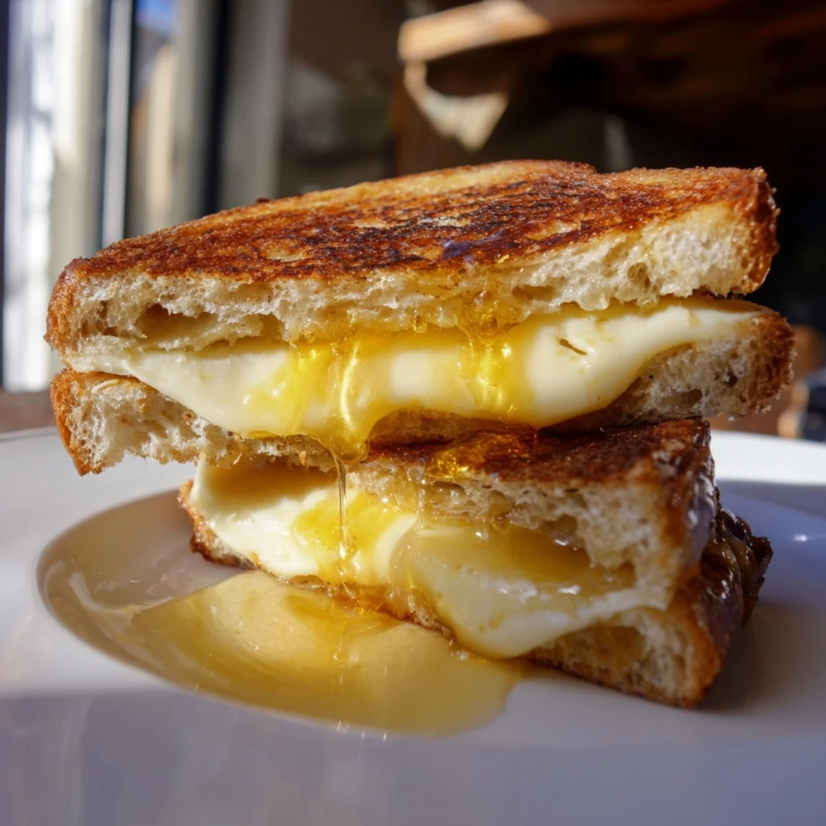 Buttery grilled sandwich with layered cheeses and honey, served beside a bowl of creamy tomato soup for dipping.