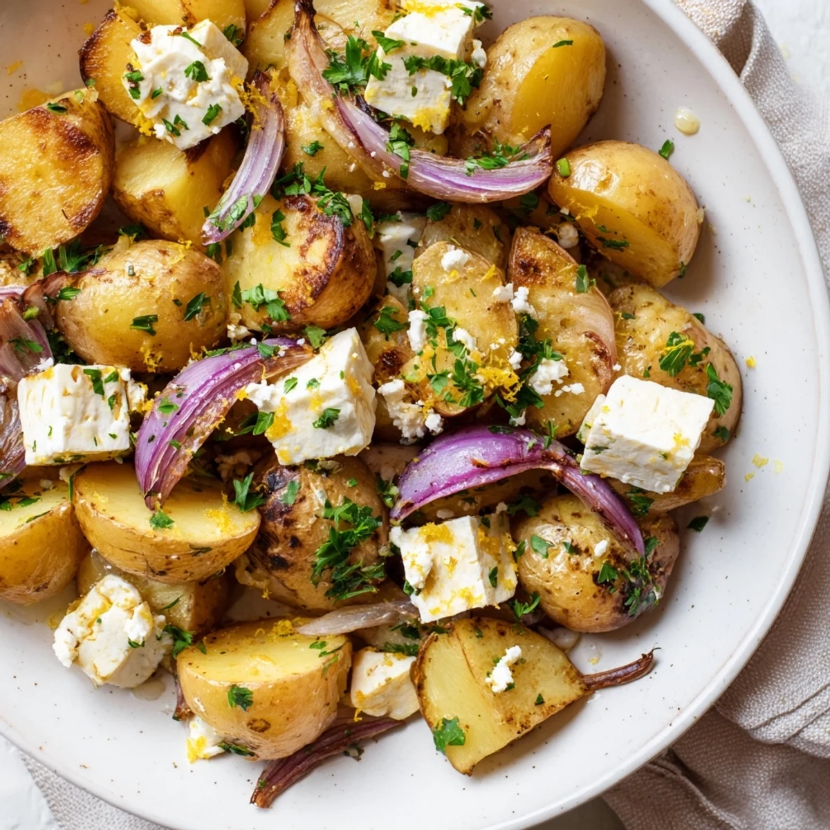 Hot Baked Feta Potatoes with Lemon served as a Mediterranean side, garnished with parsley and extra lemon wedges.