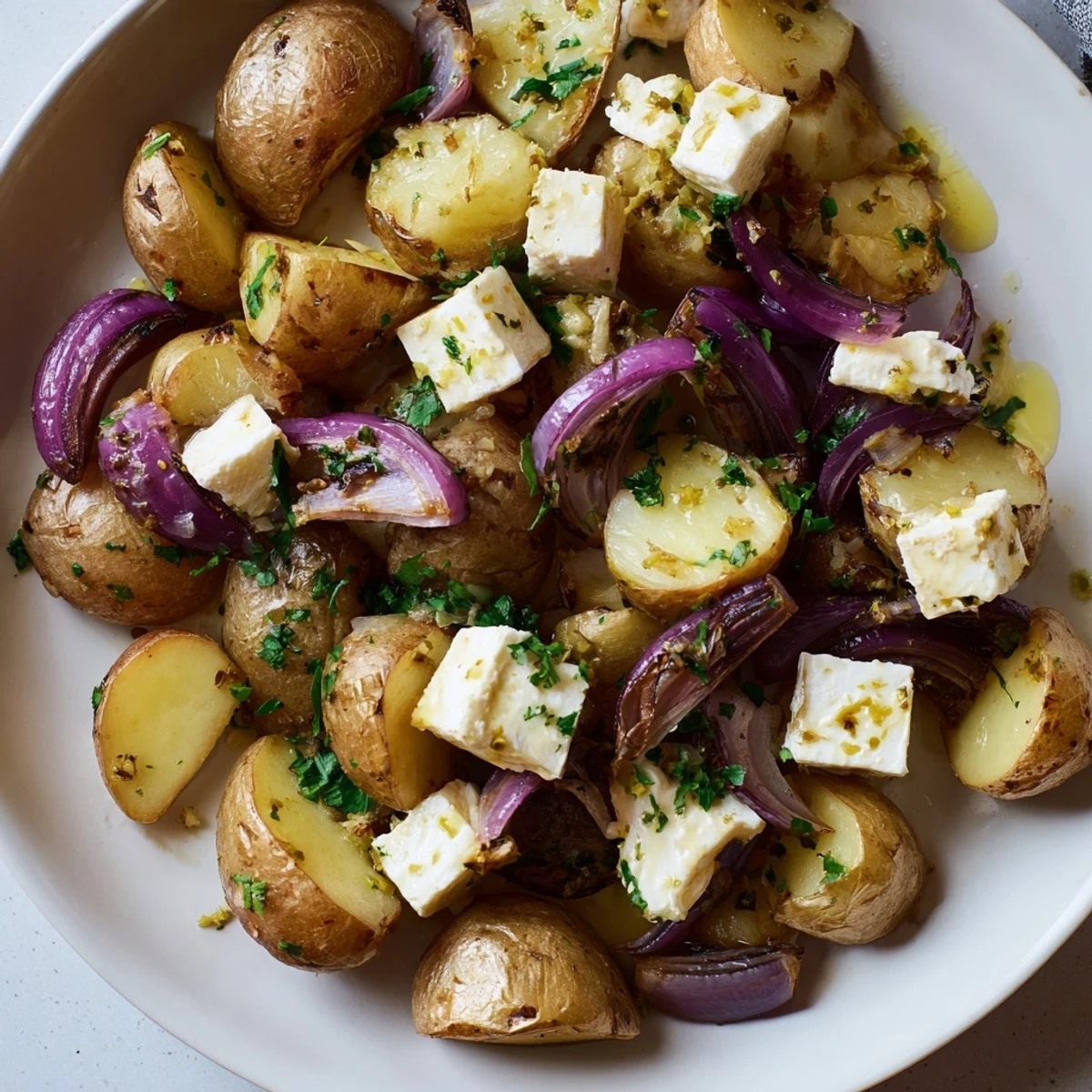 Tender baby potatoes and red onion wedges baked with feta and herbs, finished with lemon juice for brightness.