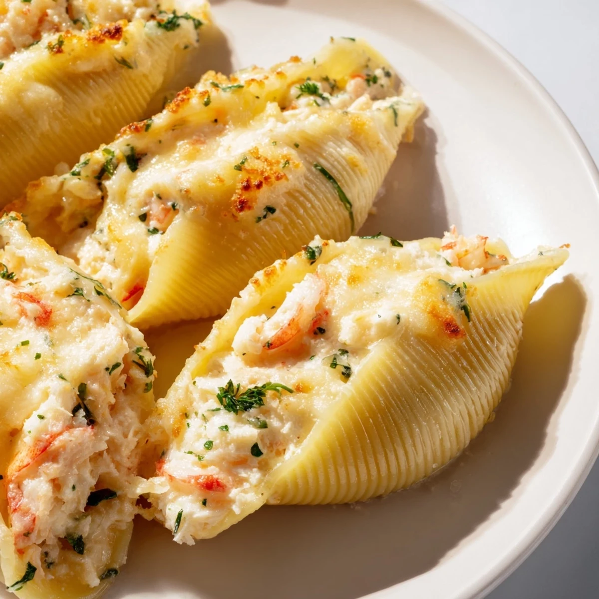 Creamy Seafood Stuffed Shells baking in a dish with golden melted mozzarella and a rich white cheese sauce.