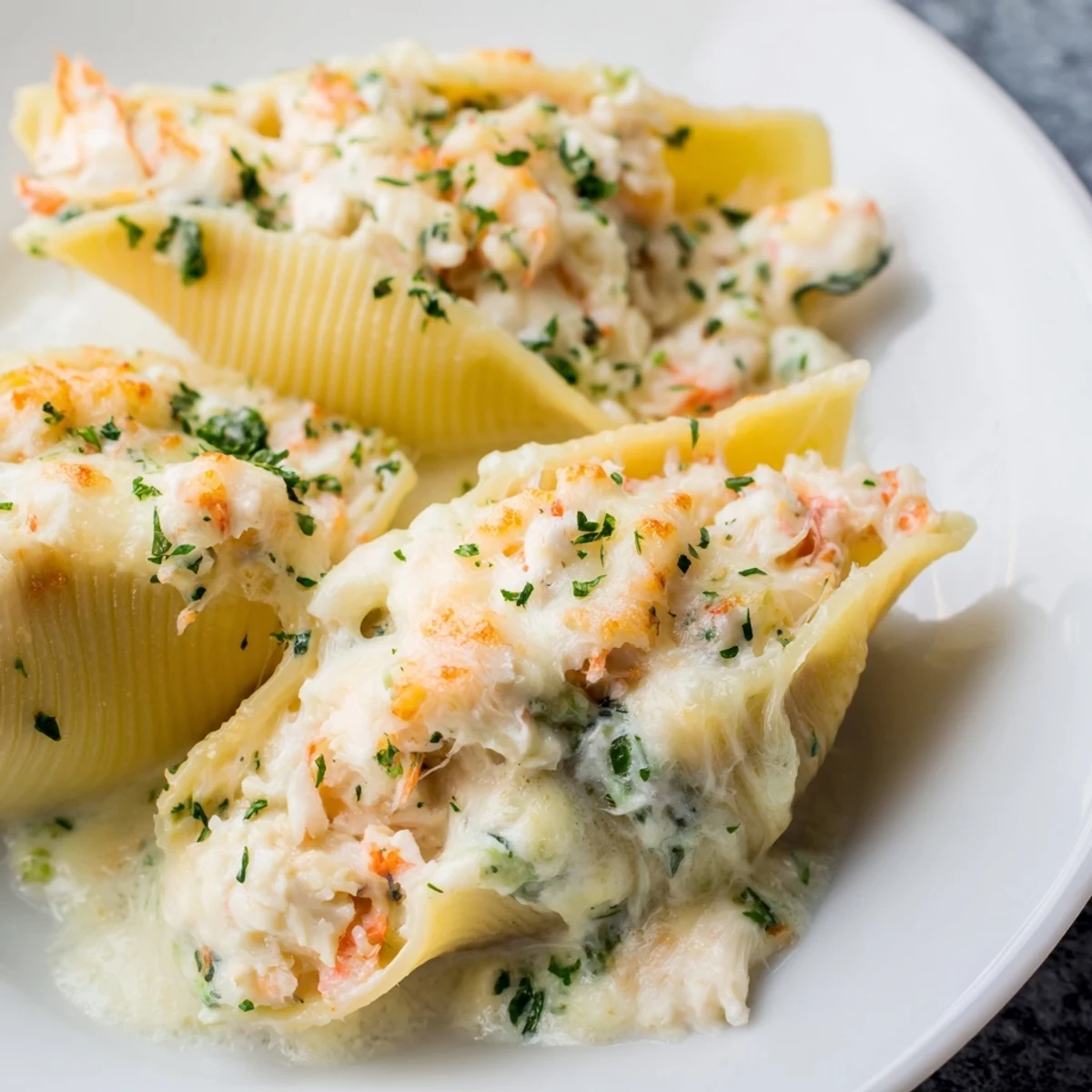 A close view of Creamy Seafood Stuffed Shells with shrimp and crab filling on a dinner plate garnished with parsley.