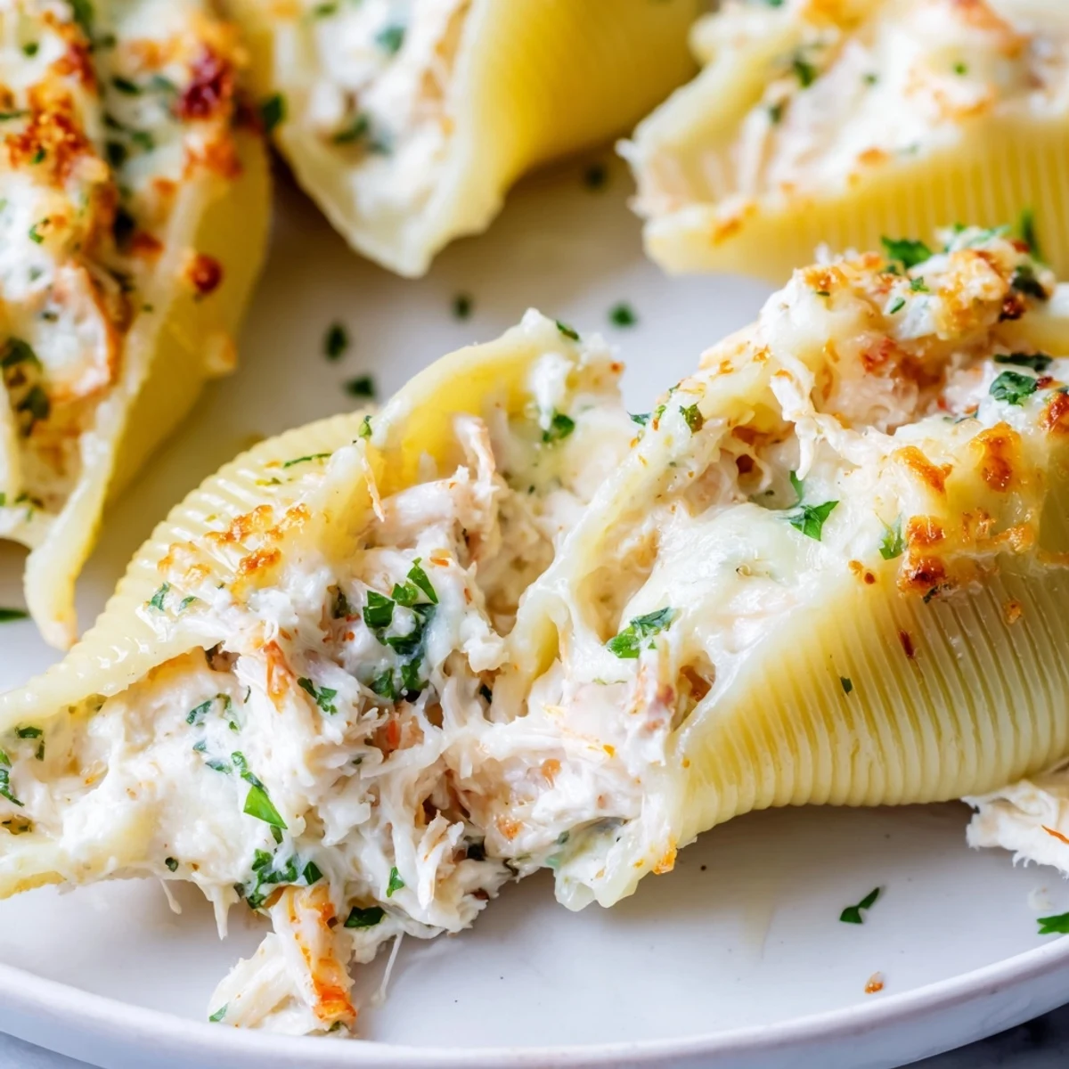 Delicious Creamy Seafood Stuffed Shells served on a white plate with fresh lemon wedges and a sprinkle of chives.