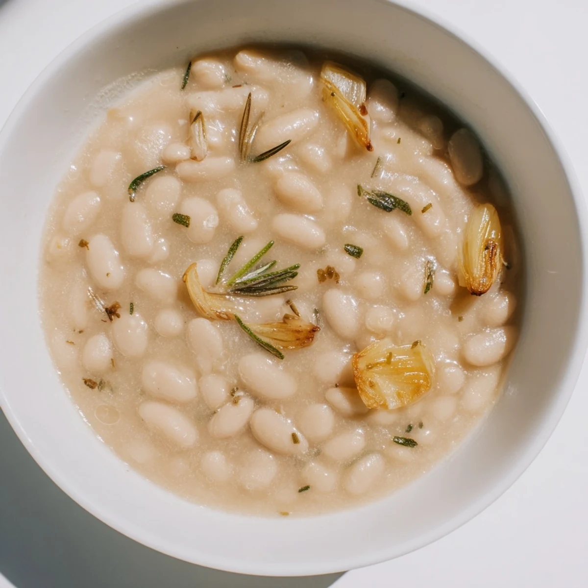 The Rosemary and Roasted Garlic White Bean Soup is served steaming in a rustic white bowl, garnished with fresh parsley.