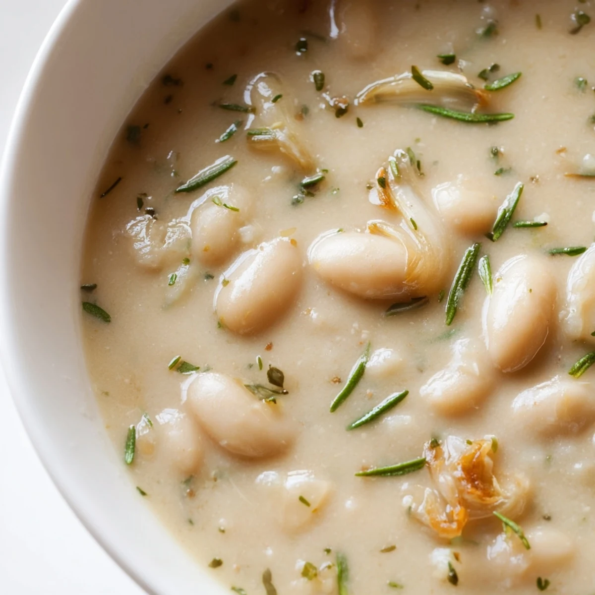 A top-down view of Rosemary and Roasted Garlic White Bean Soup highlights a swirl of olive oil and chopped herbs.