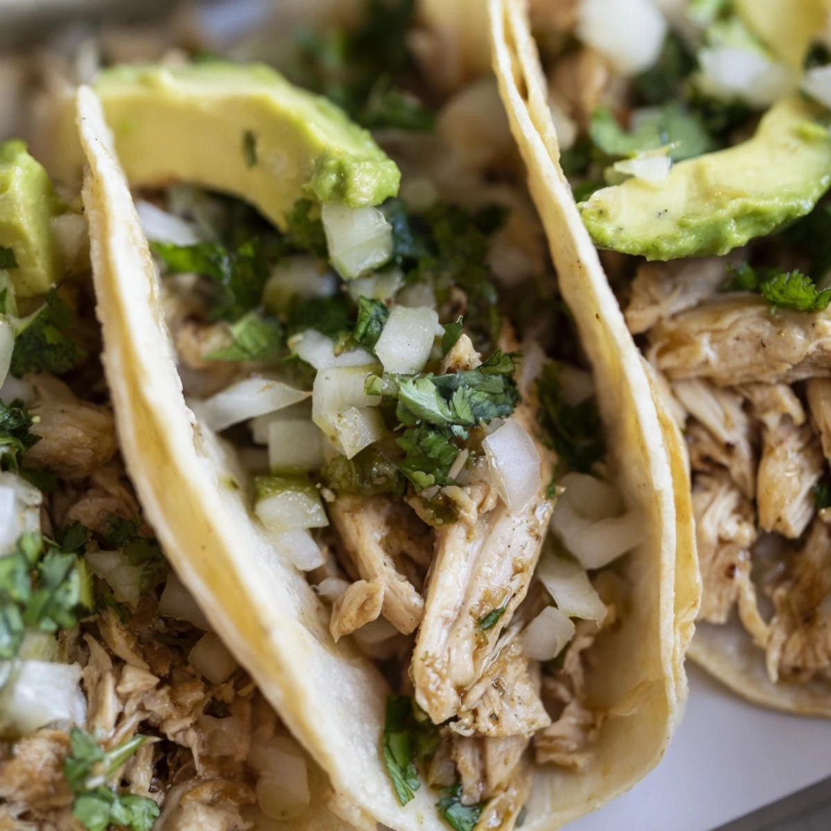Freshly assembled Chicken Street Tacos with tender chicken thighs, zesty avocado, and a squeeze of lime, perfect for a quick and easy weeknight meal.