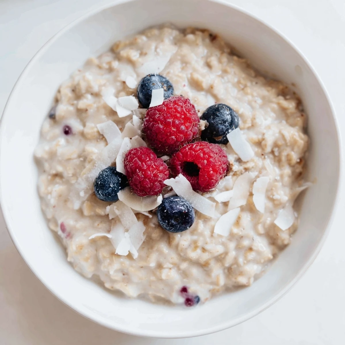 Two bowls of Tasty Coconut Cream Oats topped with fresh berries and shredded coconut.