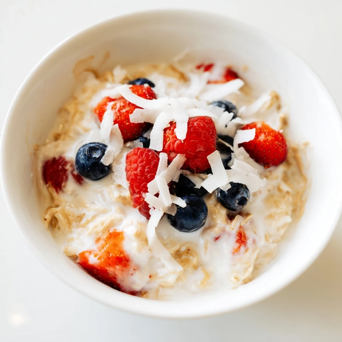 Warm Tasty Coconut Cream Oats served with toasted coconut flakes and a maple drizzle.