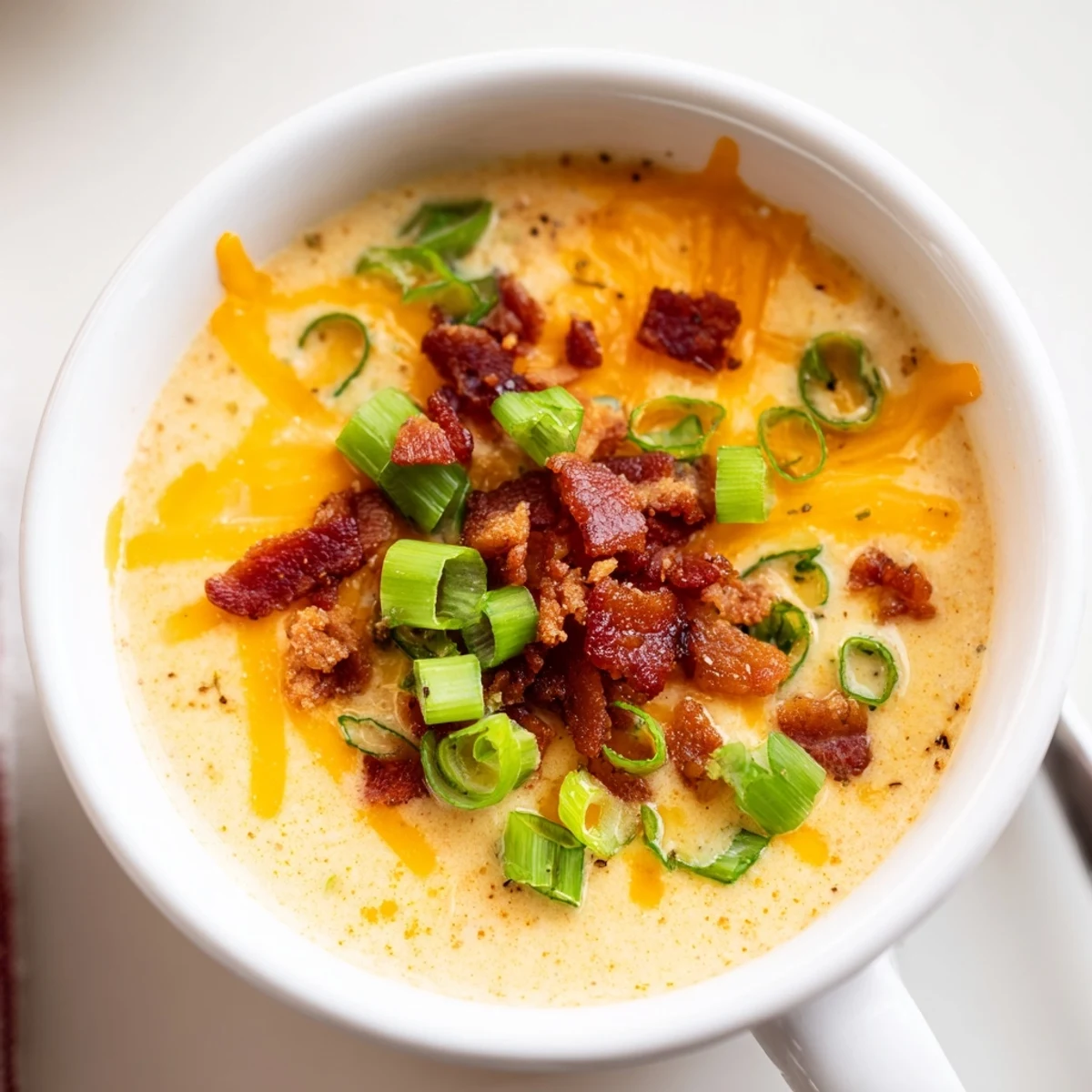 Close-up view of Spicy Jalapeño Popper Soup With Grilled Cheese Dippers showing melted cheddar and Monterey Jack cheese.