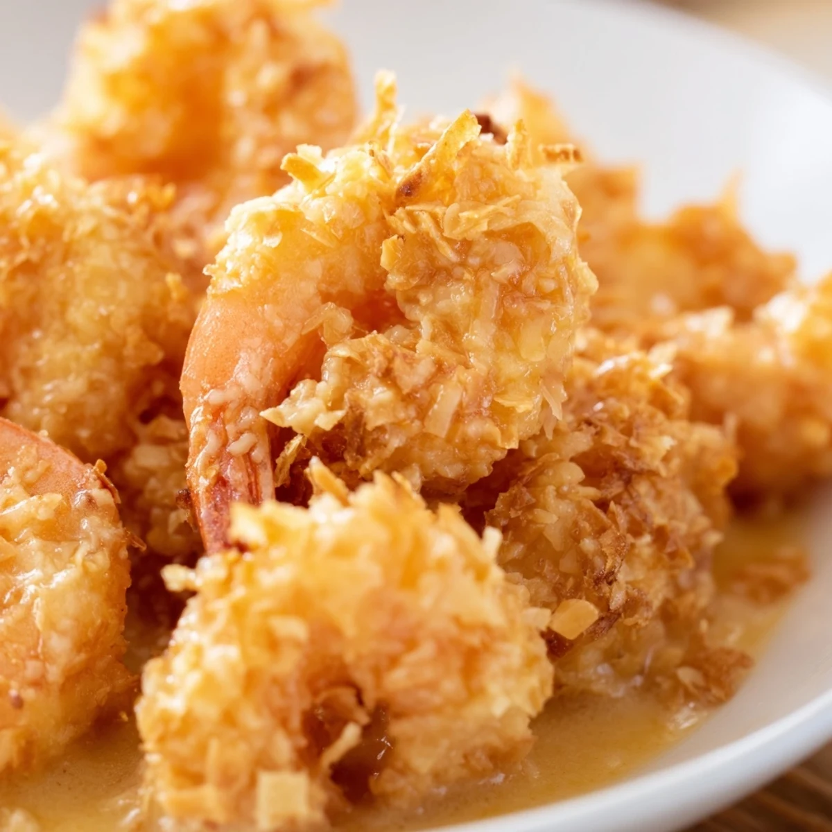Golden-battered Chinese Coconut Shrimp coated in creamy sauce on a white plate with lime wedges