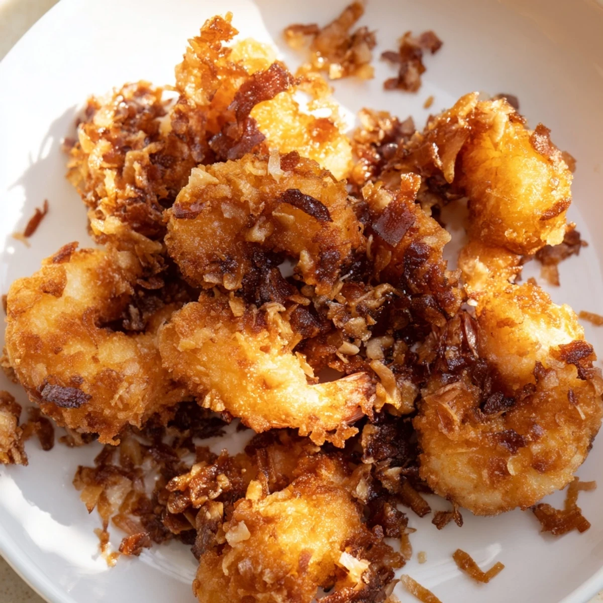 Sizzling Chinese Coconut Shrimp tossed in rich coconut cream sauce on a dark dinner plate
