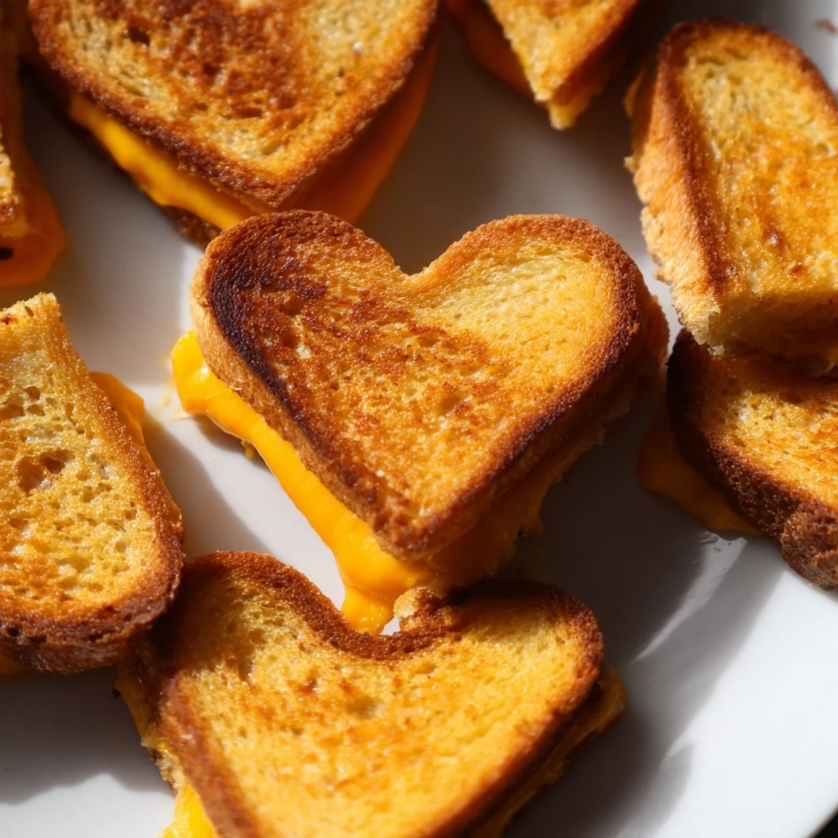 A close-up of buttery heart-shaped sandwiches stacked neatly, perfect for a Valentine's Day treat or a kid's lunchbox surprise.